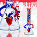 A clear glass water pipe with anatomical heart decorations in red, blue, and green, shown in two views against a stylized white background with red paint drips.