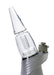 Clear glass smoking device with metallic base on a white background