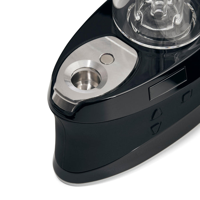 Close-up of a black and silver electronic device on a white background