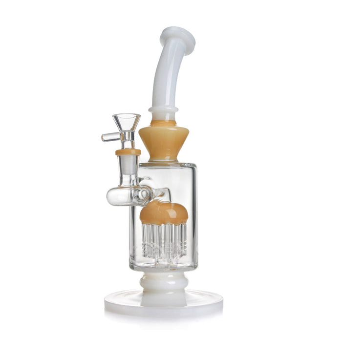 Glass smoking device with wooden accents on a white background