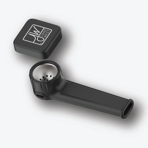 A black silicone pipe with an ergonomic carburetor and a stainless steel bowl, alongside a black cap featuring the Jane West x Piecemaker logo.