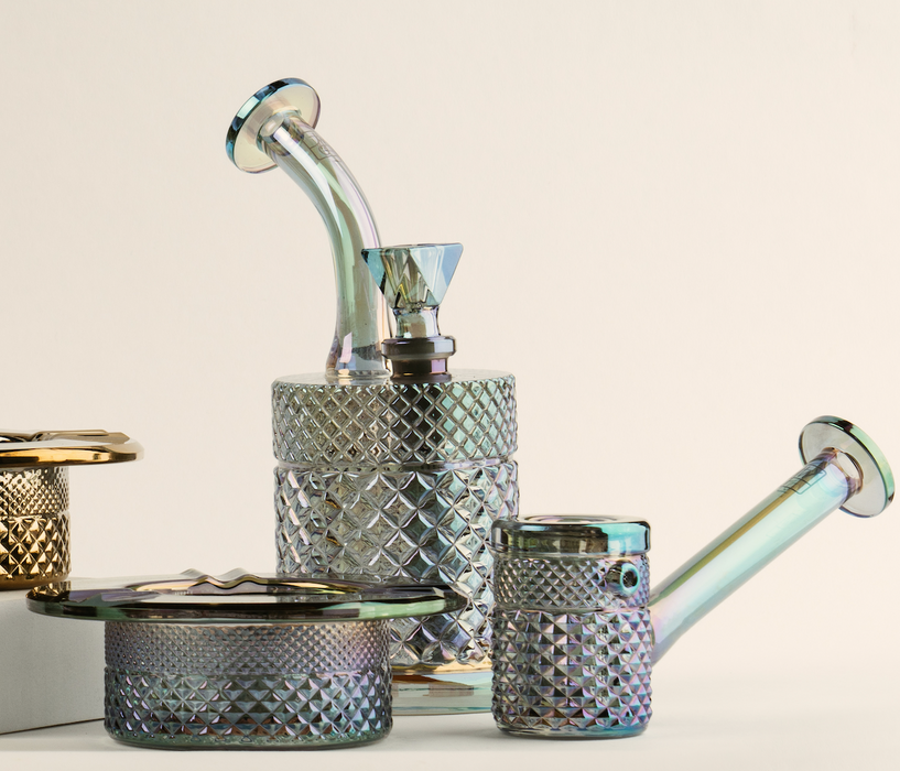 Jane West Twenties Collection Glass Jar – Mermaid – Mermaid jar displayed with matching glassware