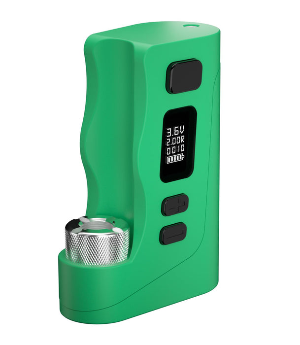 Green electronic device with digital display on a white background