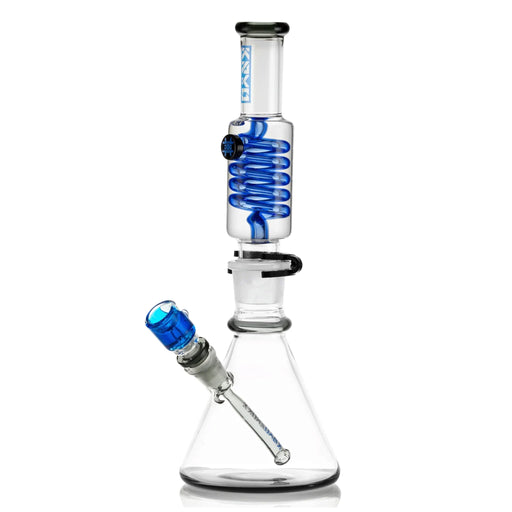 Glass water pipe with blue accents on a white background