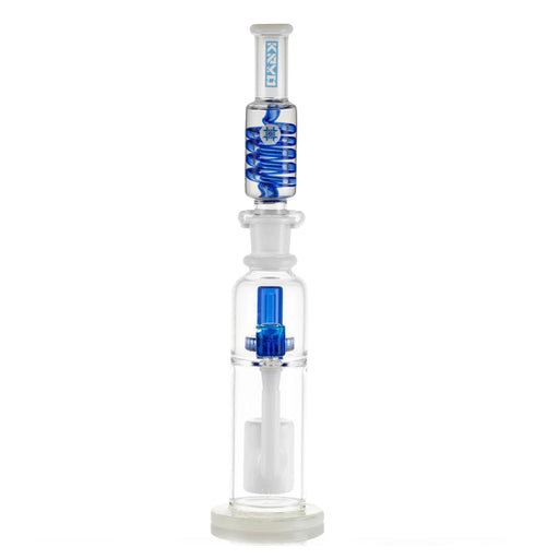 Glass water pipe with blue accents on a white background