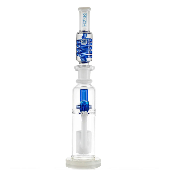 Glass water pipe with blue accents on a white background