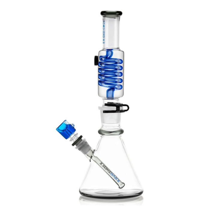 Glass water pipe with blue accents on a white background