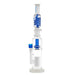 Clear glass water pipe with blue accents on a white background