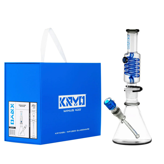 Glass smoking device with blue accents next to a blue KRYO1 box on a white background