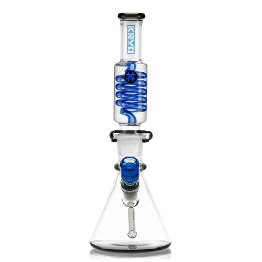 Glass water pipe with blue accents on a white background