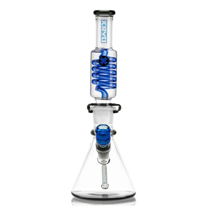 Glass water pipe with blue accents on a white background