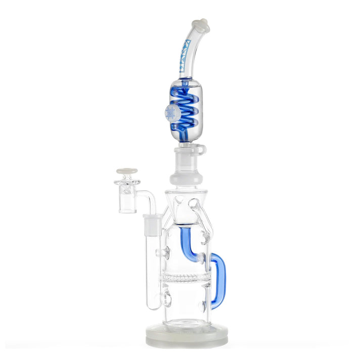 Glass water pipe with blue accents on a white background