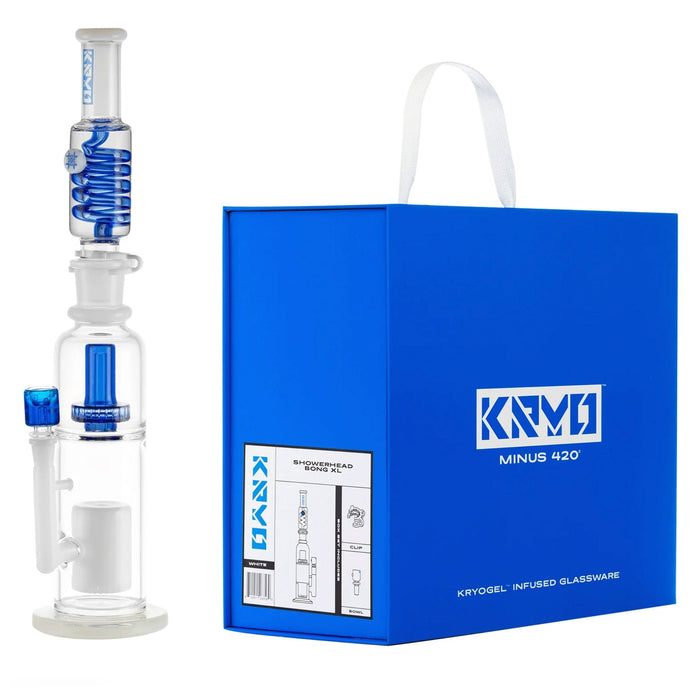 Clear glass smoking device with blue accents next to a blue KRYO box on a white background