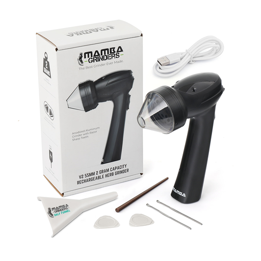 Mamba Grinders herb grinder with packaging, USB cable, and accessories on a white background