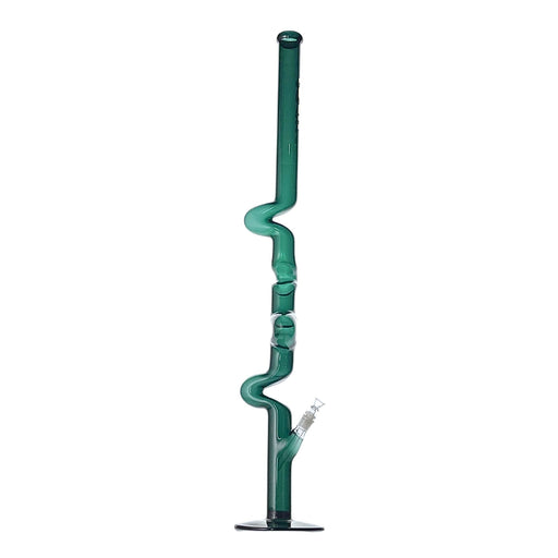 Green glass water pipe with a spiral design on a white background