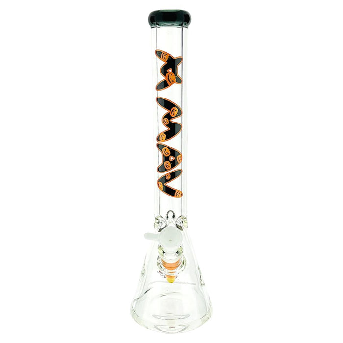 Front view of MAV Glass Halloween Limited Edition 18" Beaker Bong with black top pumpkin design.