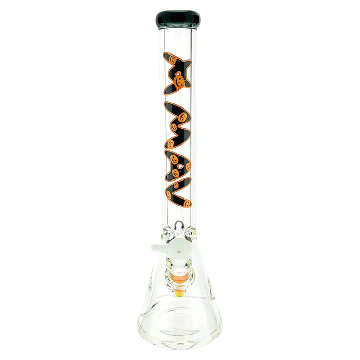 Front view of MAV Glass Halloween Limited Edition 18" Beaker Bong with black top pumpkin design.