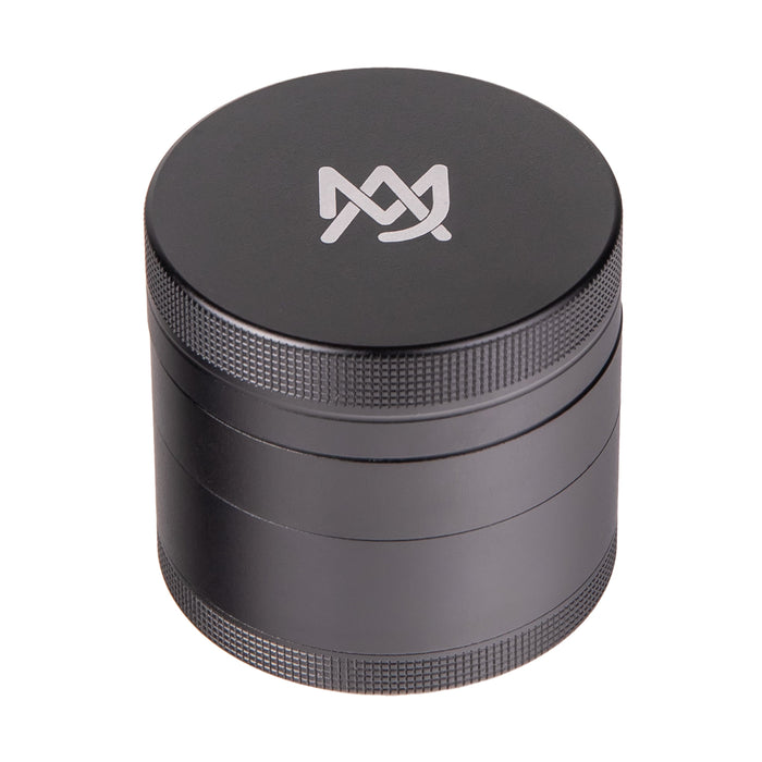 Black four-layered grinder with a logo on a white background