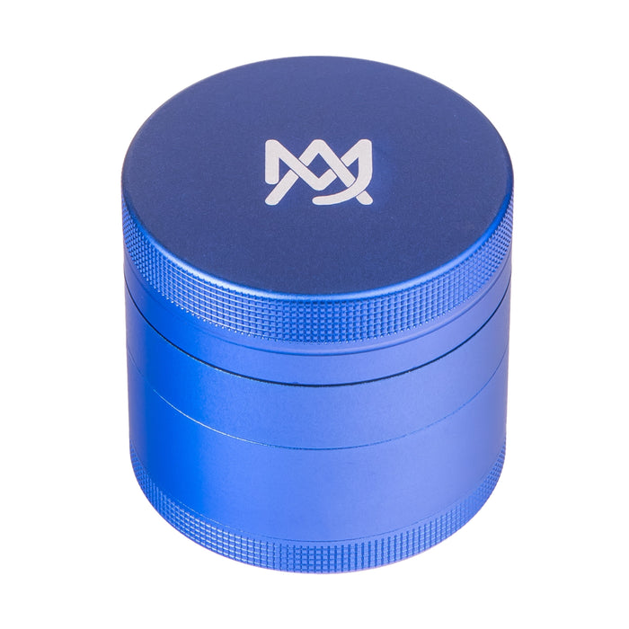 Blue metal grinder with a logo on a white background