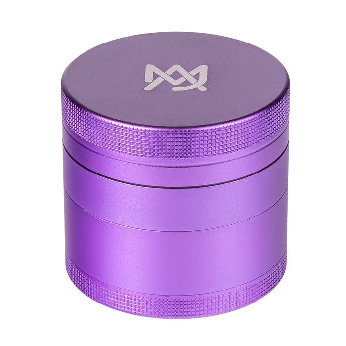Purple metal grinder with a logo on a white background