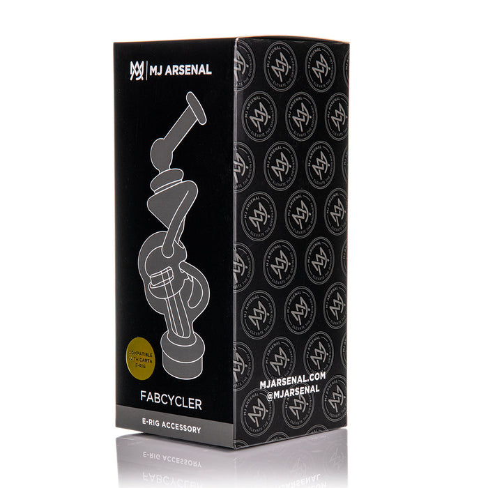 Black box packaging for MJ Arsenal Fabcycler e-liquid accessory with brand logo and product illustration.