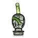 Glass smoking accessory with green worm-like structure on a white background