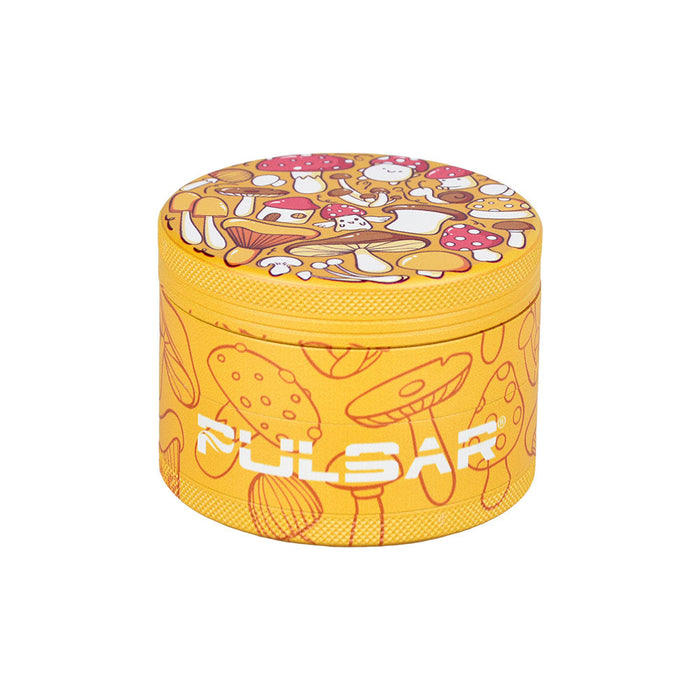 Yellow container with mushroom design and 'Pulsar' branding on a white background