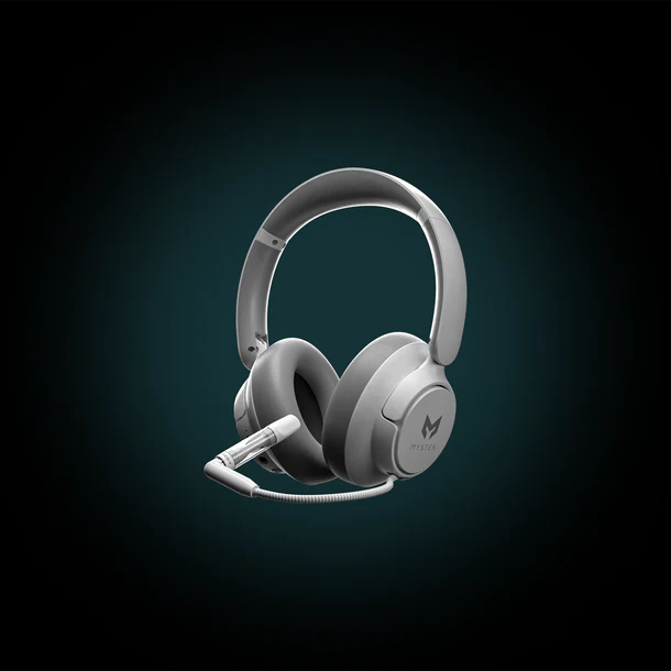 Gray headset with microphone on a dark gradient background
