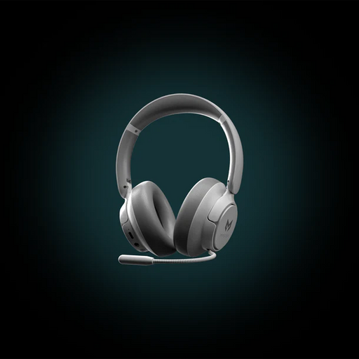 Gray headset with microphone on a dark gradient background