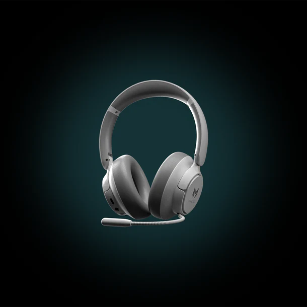 Gray headset with microphone on a dark gradient background