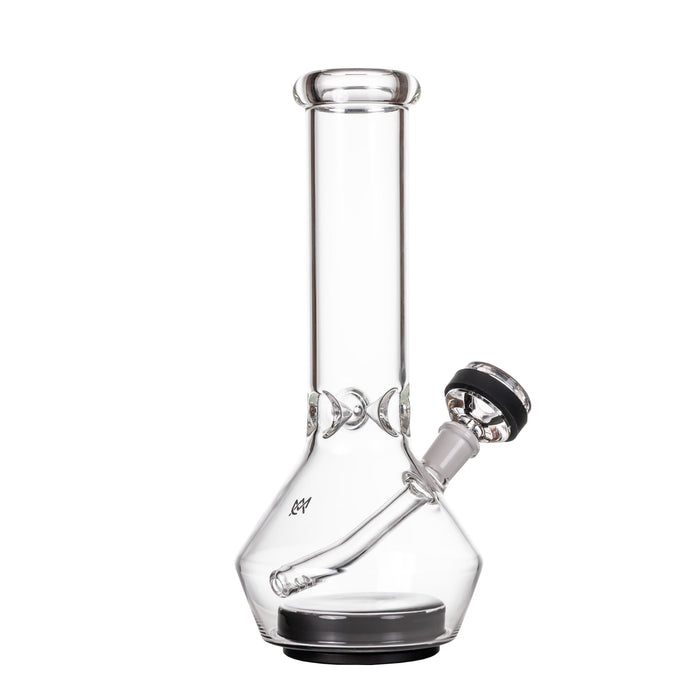 Clear glass water pipe with black base on a white background