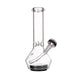 Clear glass water pipe with black base on a white background