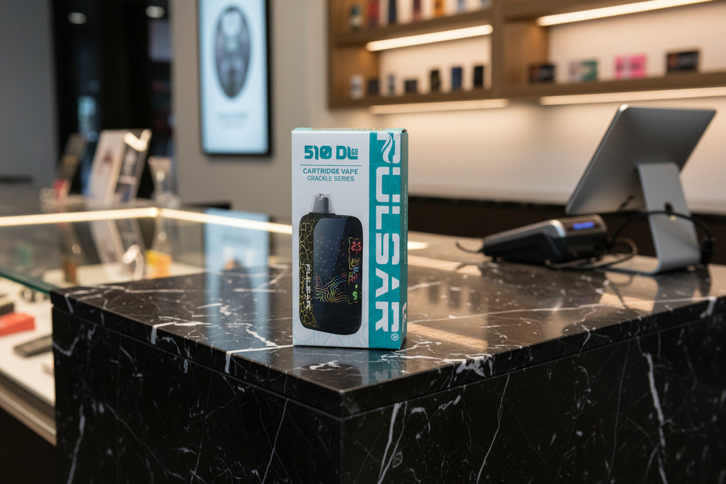 Pulsar vape cartridge packaging on kush cargo store counter top.