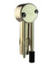 A modern brass door stopper with a circular top plate, two vertical guide rods, a textured grip, and a black rubber bumper, shown on a plain white background.