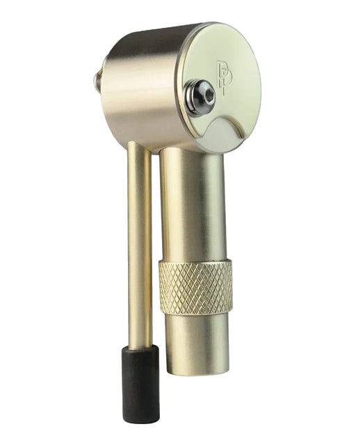 A brushed brass vape pen with a knurled grip and a black silicone tip, featuring a brushed metal head with a debossed 'BR' logo, shown on a white background with a 'smokea' watermark.