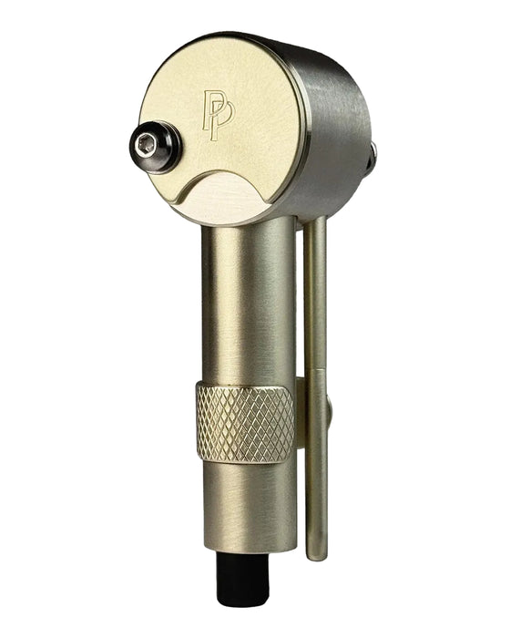 A brushed brass vape pen with a textured knurled grip and a black mouthpiece, shown on a white background with a 'smokea' watermark.