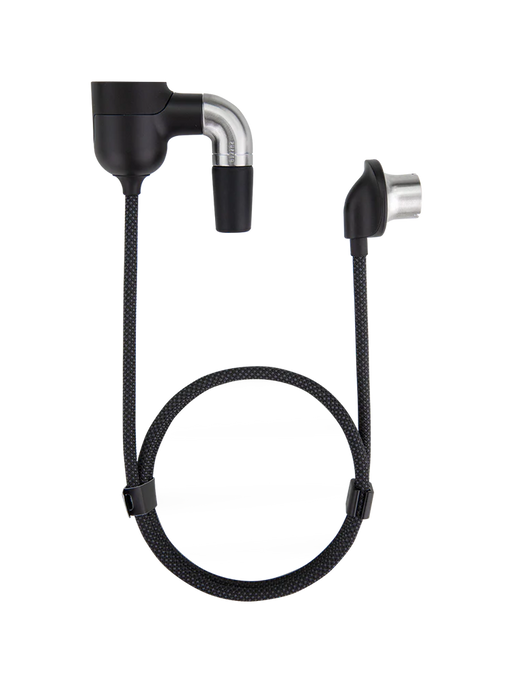 Black and silver earbud with braided cable on a white background