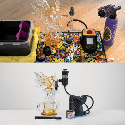 Glass smoking device with accessories on a colorful mat and a white background.