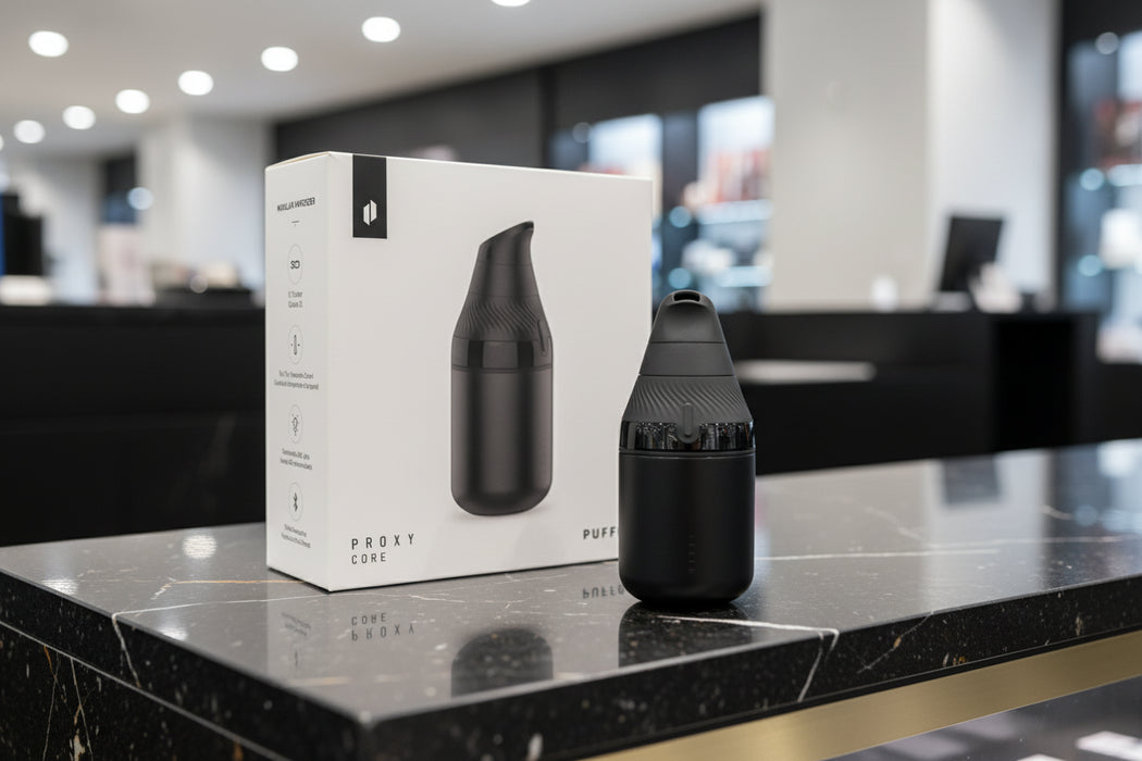 Black vape device with packaging on a white background