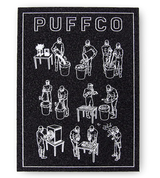 Black poster with white illustrations of a person puffing a puffco device and 'Puffco' branding.