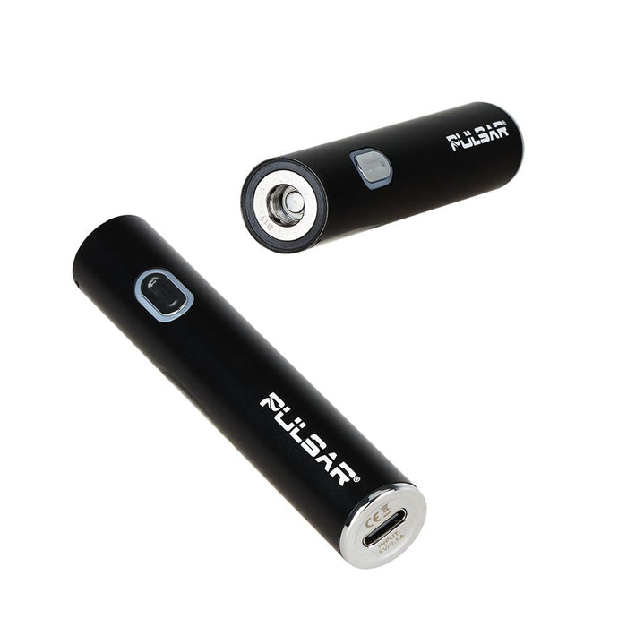 Two black cylindrical batteries with 'Pulsar' branding on a white background