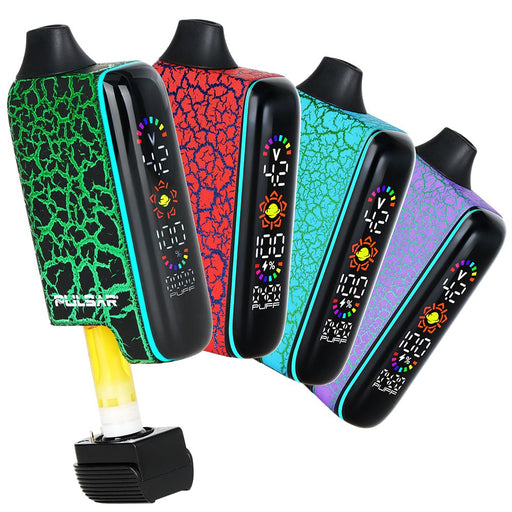 Four colorful vape devices with digital displays on a white background