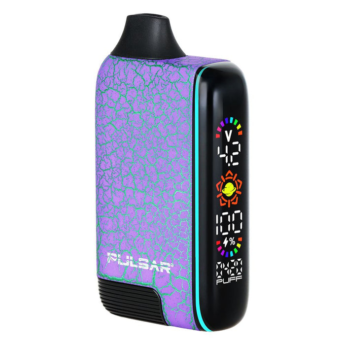 Vape device with purple textured finish and digital display on a white background