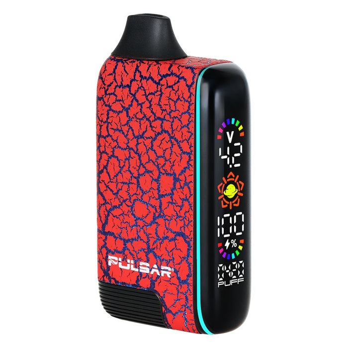 Vape device with red and blue pattern on a white background