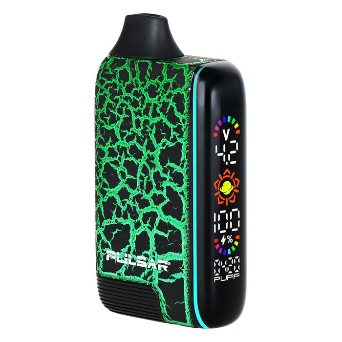 Vaping device with green and black pattern on a white background