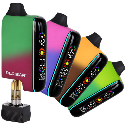 Colorful vaping devices with digital displays and Pulsar branding on a white background