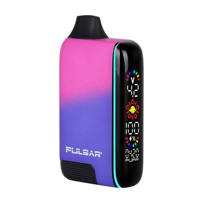 Vape device with gradient pink to purple design on a white background