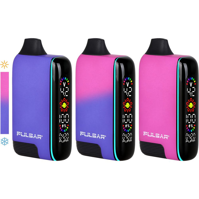 Three Pulsar vaping devices in purple and pink gradient on a white background