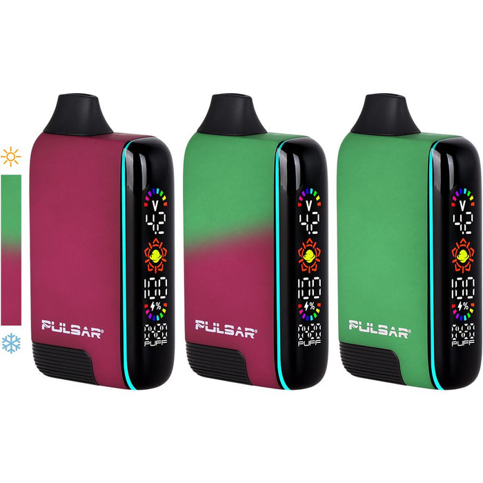 Three Pulsar vape devices in different colors on a white background