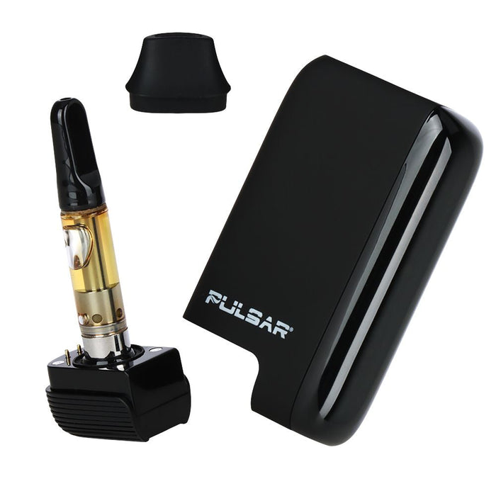 Black Pulsar vape device with cartridge and cap on a white background